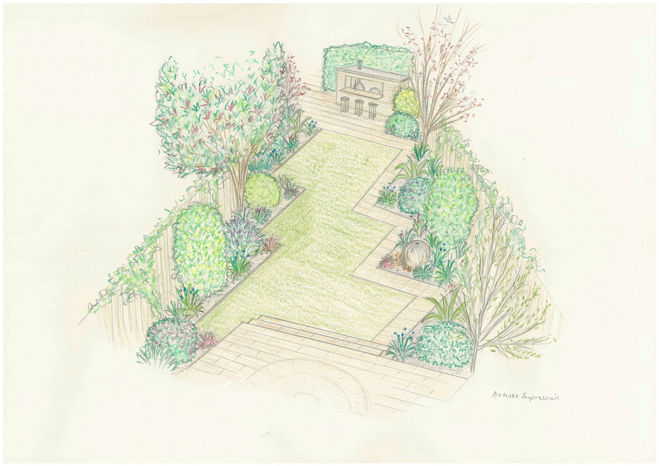 3D garden design render showing planting layout and paving for an Essex client