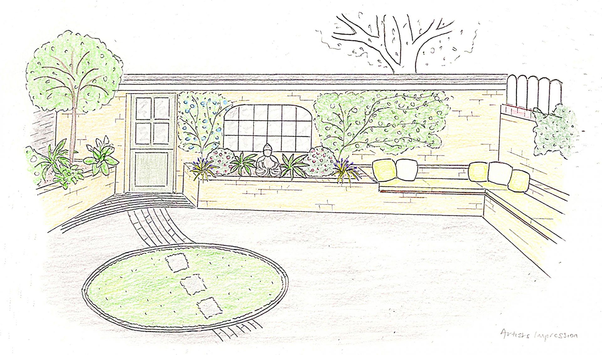 Contemporary courtyard garden design with paving and raised planting beds