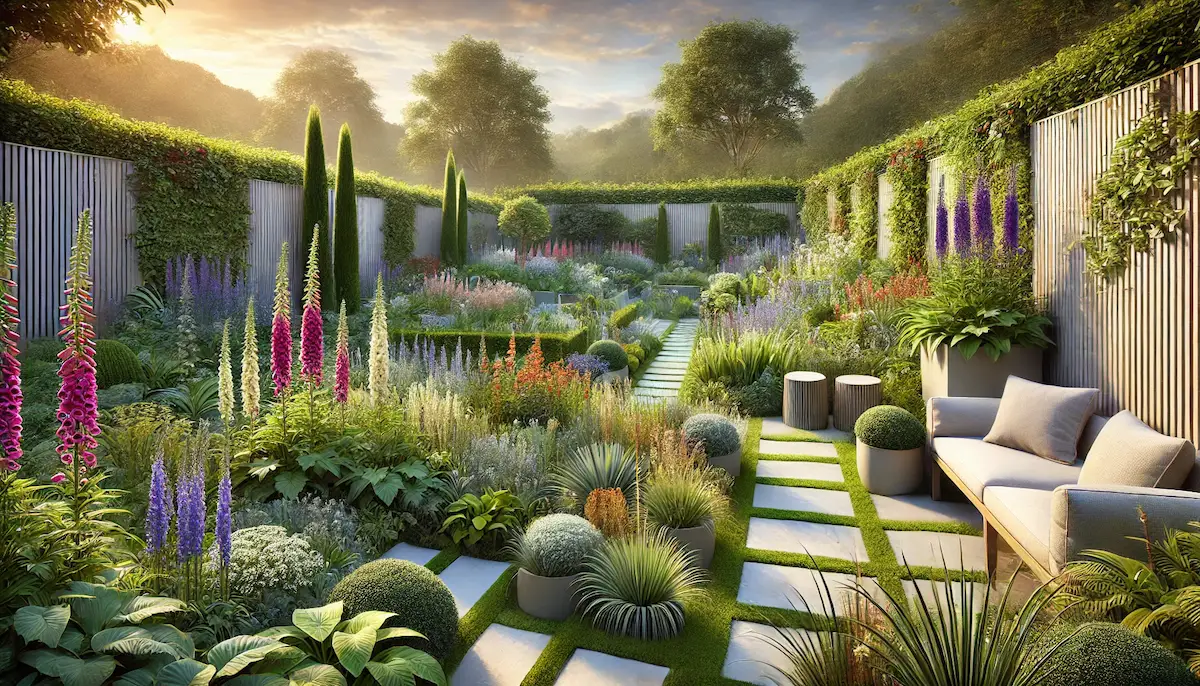 Professionally designed small container garden with seasonal planting